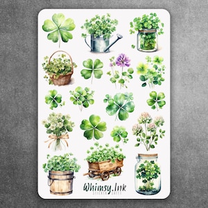Feuille d'autocollants en vinyle avec trèfles de la Saint-Patrick, idéale pour les agendas, la tenue d'un journal, le scrapbooking, les Bullet Journals, etc.