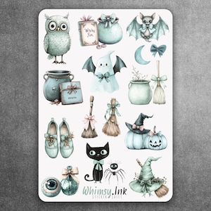 May include: A sticker sheet featuring watercolor illustrations of Halloween-themed objects. Includes an owl, a bat, a ghost, a black cat, a spider, a witch's hat, a pumpkin, a cauldron, a broom, and other decorative elements in shades of blue, green, and brown.