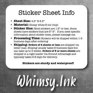 a white sticker with the words sticker sheet info
