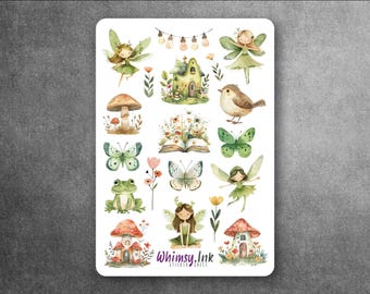 May include: A sticker sheet featuring watercolor illustrations of fairies, mushrooms, butterflies, a frog, a bird, a house, and an open book with flowers. The text Whimsy Ink is printed at the bottom in a purple script font.