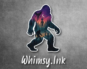 Cryptid Forest Sasquatch Decal – Alien, Mothman Scene, Silhouette Sticker – Paranormal Bigfoot Vinyl for Water Bottles, Cars & Laptops