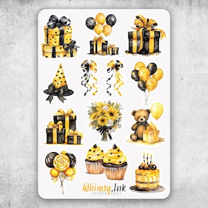 Schwarz Gelb Geburtstag Vinyl Sticker Blatt Ideal für Planer, Journaling, Scrapbooking, Bullet Journals usw