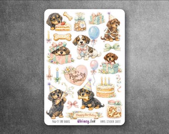 Paw-ty Time Doxies Sticker Sheet | Dachshund Birthday Planner Stickers | Puppy Party Vinyl Stickers | Dog Birthday | Cute Doxie Stickers