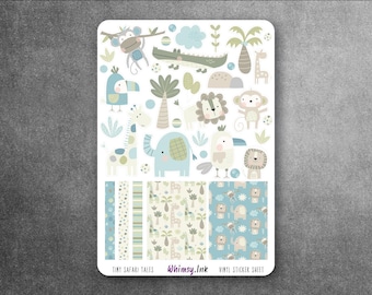 Tiny Safari Tales Sticker Sheet | Cute Baby Jungle Planner Stickers | Elephant Giraffe Lion Monkey | Nursery Scrapbook Vinyl Stickers