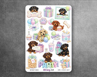 Birthday Doxies Sticker Sheet | Dachshund Birthday Planner Stickers | Dog Birthday Party Stickers | Puppy Planner | Doxie Vinyl Stickers