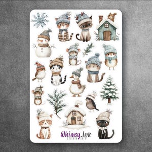 May include: A sticker sheet featuring various winter-themed illustrations including cats, birds, mice, a snowman, houses, and pine trees, all wearing knit hats and scarves. The text Whimsy.Ink Sticker Sheet is printed at the bottom center.