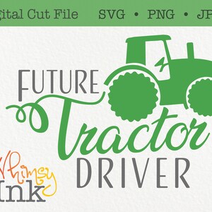 May include: Green tractor silhouette with the text "FUTURE tractor DRIVER" and the logo "Whimsy Ink" in rainbow colors.
