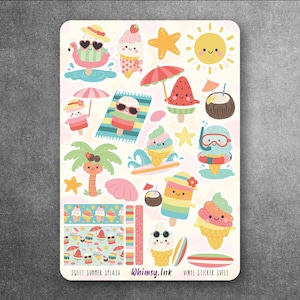 May include: A sheet of vinyl stickers with a summer theme. The stickers feature cute illustrations of ice cream cones, popsicles, a flamingo float, a sun, and other beach-related items. The text "Sweet Summer Splash" and "Whimsy.Ink" are visible.