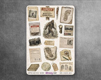 Cryptid Case Files: Bigfoot Vinyl Sticker Sheet | Loch Ness Monster Vintage Watercolor Stickers | Folklore Planner & Journal Decals