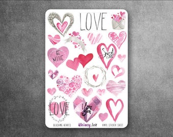Blushing Hearts Sticker Sheet, Watercolor Heart Stickers, Valentine Stickers, Pink Love Stickers, Romantic Planner Journal Stickers
