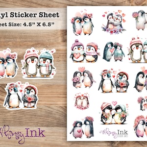 Hoja de pegatinas de vinilo de pingüinos para San Valentín, ideal para planificadores, diarios, álbumes de recortes, bullet journals, etc.