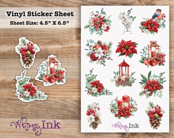 Christmas Poinsettia Vinyl Sticker Sheet Great for Planners, Journaling, Scrapbooking, Bullet Journals, Etc