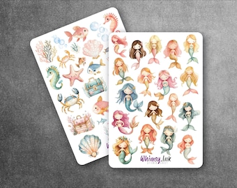 Pastel Mermaid Sticker Sheets – Underwater & Sea Life Stickers – Planner or Scrapbook Set - Vinyl Stickers