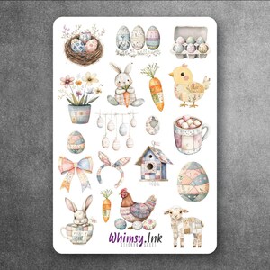 May include: A sticker sheet featuring watercolor illustrations of Easter-themed items including a rabbit, chick, lamb, hen, birdhouse, carrots, flowers, a mug, a bow, and various patterned eggs. The text Whimsy.Ink is printed at the bottom.