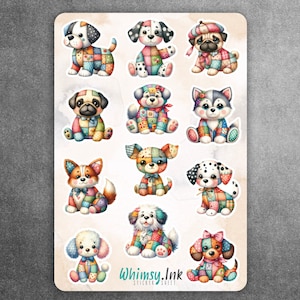 May include: A sticker sheet featuring eleven individual illustrations of dogs with patchwork patterns in various colors. Each dog has a unique pose and expression. The text Whimsy.Ink is printed in a teal script font at the bottom of the sheet.