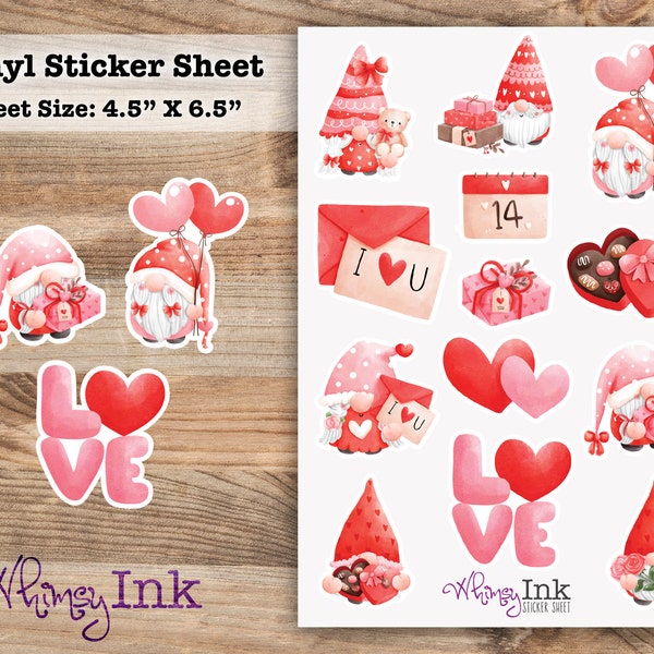 Valentines Day Gnomes Vinyl Sticker Sheet Great for Planners, Journaling, Scrapbooking, Bullet Journals, Etc