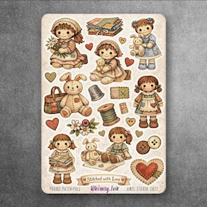 May include: A sticker sheet featuring illustrations of dolls, bunnies, hearts, and sewing notions. The dolls are dressed in vintage-style clothing, and the color palette includes soft browns, creams, and reds. Text includes "Stitched with Love" and "Whimsy.Ink".