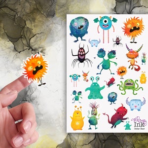 Naklejki winylowe „Aquarelle Monsters” idealne do planerów, dzienników, scrapbookingu, dzienników Bullet itp.
