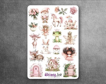 May include: A sticker sheet featuring various illustrations including a bouquet of pink roses, a gnome, a unicorn, a fairy, a frog with a crown, a deer, a rabbit, a mushroom, a house, a gate, and a door, with the text Whimsy.Ink at the bottom.