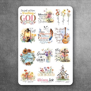 May include: A rectangular sticker sheet featuring twelve individual designs with floral motifs and religious text. The graphics include a lantern, a guitar, a cross, and a church, all decorated with colorful watercolor flowers and inspirational quotes.