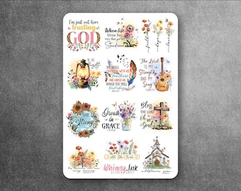May include: A rectangular sticker sheet featuring twelve individual designs with floral motifs and religious text. The graphics include a lantern, a guitar, a cross, and a church, all decorated with colorful watercolor flowers and inspirational quotes.