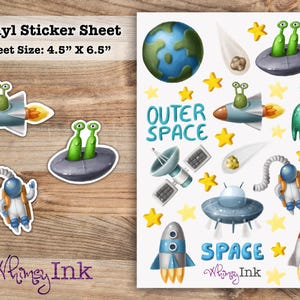 May include: A 4.5 inch by 6.5 inch vinyl sticker sheet featuring outer space illustrations including planets, green aliens in flying saucers, rockets, astronauts, satellites, stars, and comets with the text Outer Space and Space.