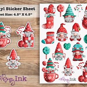 Christmas Gnomes Vinyl Sticker Sheet Great for Planners, Journaling, Scrapbooking, Bullet Journals, Etc