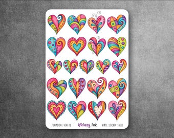 Whimsical Hearts Sticker Sheet, Colorful Heart Stickers, Valentine Stickers, Bright Love Stickers, Whimsical Planner Journal Stickers