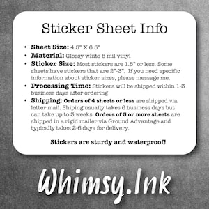 a white sticker with the words sticker sheet info