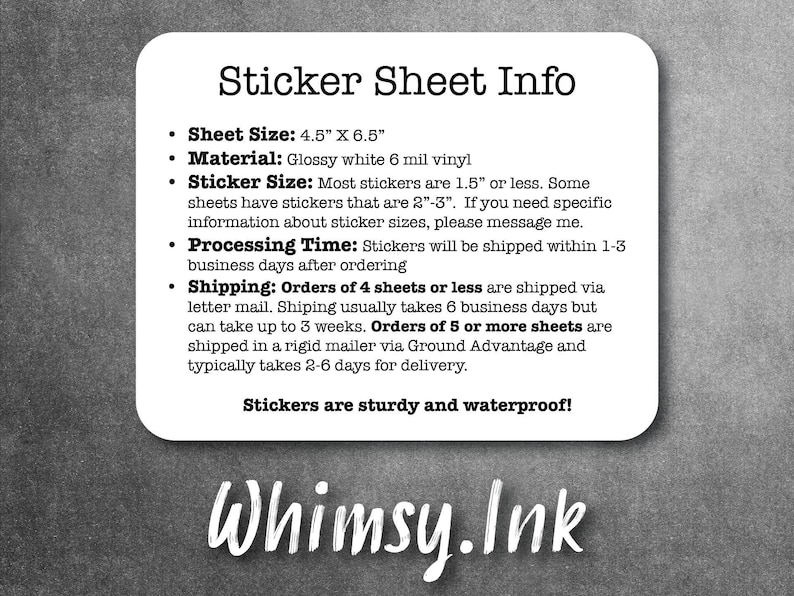a white sticker with the words sticker sheet info