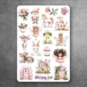 Feuille d'autocollants en vinyle rose Fairy Garden, idéale pour les agendas, la tenue d'un journal, le scrapbooking, les Bullet Journals, etc.