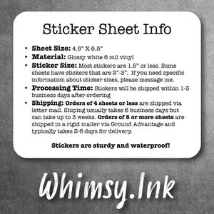a white sticker with the words sticker sheet info