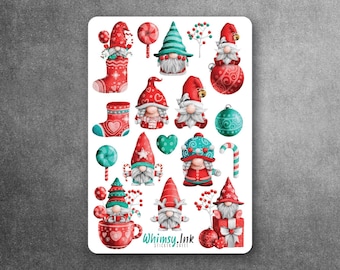 Hoja de pegatinas de vinilo de gnomos navideños, ideal para planificadores, diarios, álbumes de recortes, bullet journals, etc.