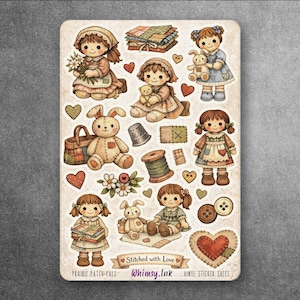 May include: A sticker sheet titled Prairie Patch-Pals by Whimsy.Ink featuring illustrations of dolls, stuffed rabbits, hearts, buttons, a spool of thread, a thimble, and fabric stacks. The text Stitched with Love is printed at the bottom.
