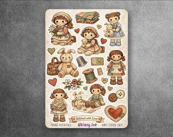 Prairie Patch Pals | Vintage Rag Doll Sewing Planner Sticker Sheet | Cottagecore Handmade Patchwork Dolls | Whimsical Folk Art Stickers