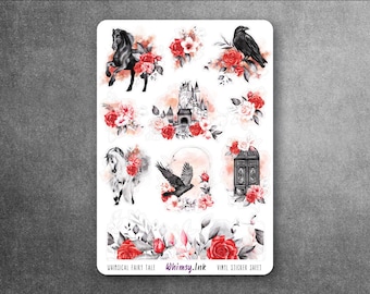 Whimsical Fairy Tale | Gothic Castle & Raven Floral Vinyl Sticker Sheet | Enchanted Fantasy Planner Stickers
