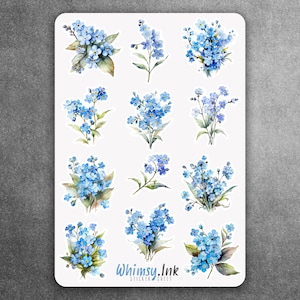 Feuille d'autocollants en vinyle Forget Me Not Flowers, idéale pour les agendas, la tenue d'un journal, le scrapbooking, les Bullet Journals, etc.