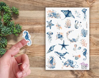 Underwater Watercolor Vinyl Sticker Sheet Great for Planners, Journaling, Scrapbooking, Bullet Journals, Etc