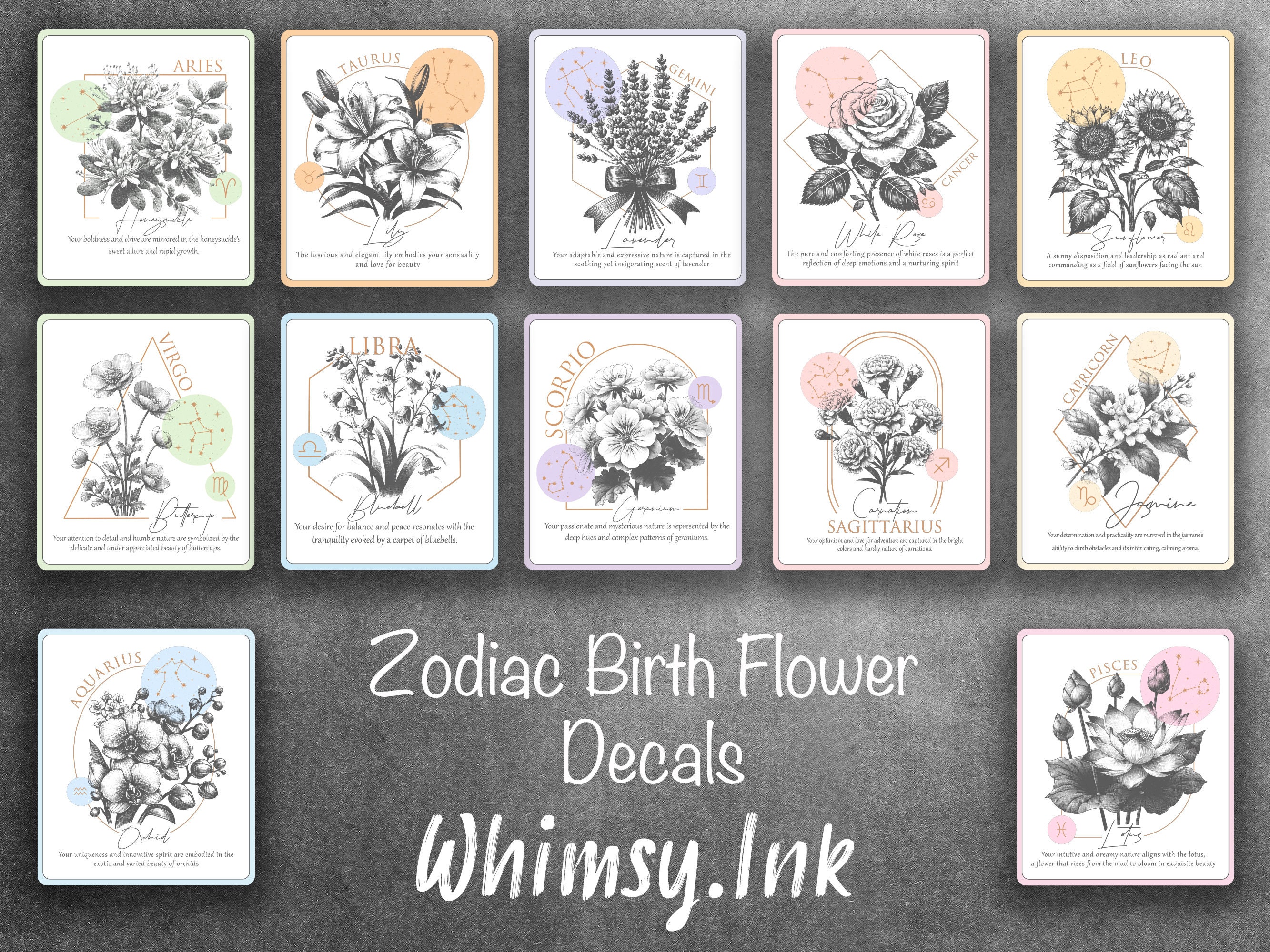 Zodiac Birth Flower Waterproof Vinyl Decal Sticker | Car Decal, Window Decal, Laptop Decal