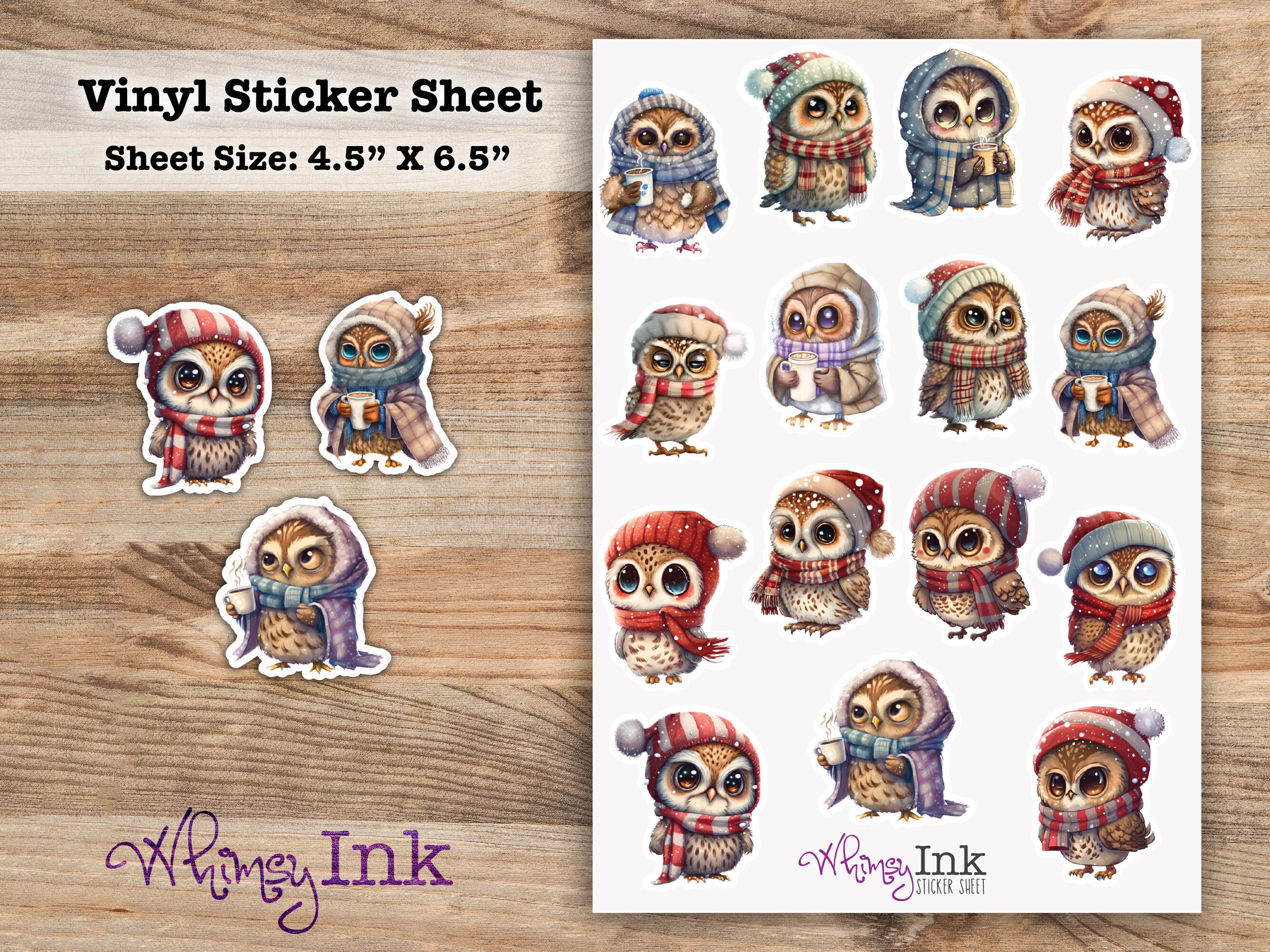 Snow Owls Vinyl Sticker sheet | Great for Planners, Journaling, Scrapbooking, Bullet Journals, Etc