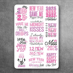 Feuille d'autocollants en vinyle rose Citations du Nouvel An, idéale pour les agendas, la tenue d'un journal, le scrapbooking, les Bullet Journals, etc.