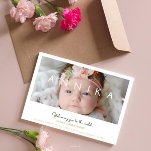 Baby birth announcement card, modern newborn baby announcement card, simple birth photo card, editable baby birth photo card.