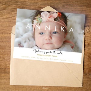 Baby birth announcement card, modern newborn baby birth announcement card, simple birth photo card, editable baby birth photo card.