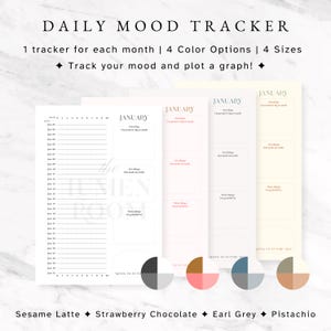 May include: A set of four mood tracker journal pages in various colors: white, pink, gray, and beige. Each page is labeled "January" and includes sections for daily mood tracking and notes. The text "DAILY MOOD TRACKER" is at the top.