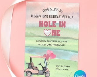 Golf Birthday Invitation Golf Birthday Party Invite Hole In One Birthday Invitation Golf First Birthday Par-tee 1st Birthday Girl Editable