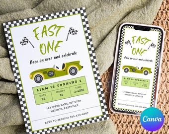 Fast One Birthday Fast One verjaardagsuitnodiging Eerste verjaardag uitnodigen racewagen 1e verjaardag uitnodigen bewerkbare 1e verjaardag jongen feestuitnodiging
