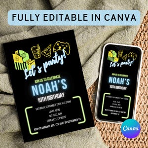10. Geburtstag einladen Neon Glow 10. Geburtstag Junge Arcade Geburtstag 10. Geburtstag Gaming-Einladung Bearbeitbare Canva-Vorlage Digitale Einladung