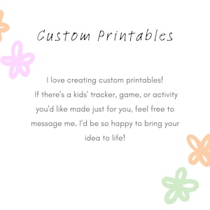 K&ouml;nnte beinhalten: Textgrafik mit den Worten "Custom Printables" in einer handschriftlichen Schriftart. Der Text lautet: "Ich liebe es, individuelle Ausdrucke zu erstellen! Wenn du einen Kinder-Tracker, ein Spiel oder eine Aktivit&auml;t m&ouml;chtest, die speziell f&uuml;r dich gemacht ist, z&ouml;gere nicht, mich zu kontaktieren. Ich w&uuml;rde mich freuen, deine Idee zum Leben zu erwecken!" Der Text ist von bunten Blumenillustrationen umgeben.
