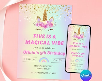 Editable Unicorn Birthday Invitation Five Is A Vibe 5th Birthday Invite Girl Magical Party Invite Pastel Rainbow Invitation Unicorn Party