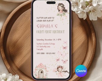 Invitación telefónica de cumpleaños de hadas para la primera fiesta temática de jardín encantado estilo boho. Invitación digital de cumpleaños de hadas para la primera fiesta temática de jardín encantado. Invitación digital de cumpleaños de hadas para la primera fiesta temática de primer cumpleaños de una niña.